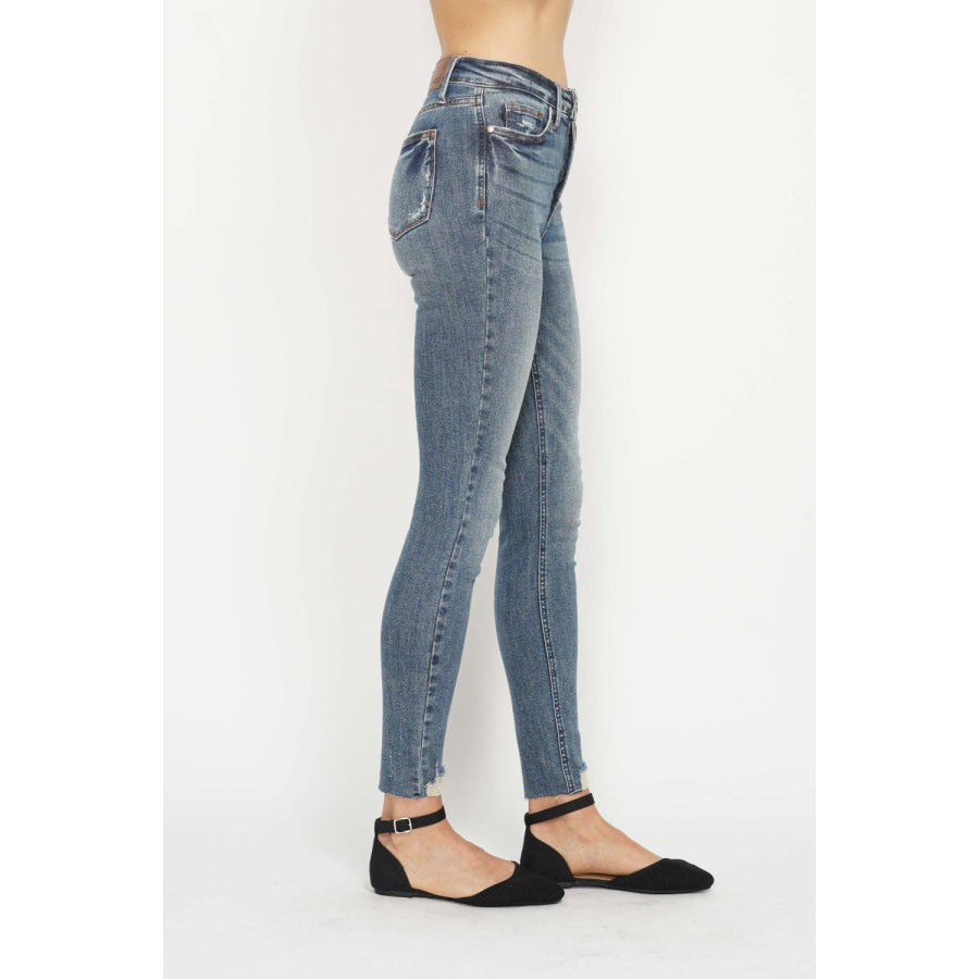 Judy Blue Full Size Tummy Control Vintage Wash Hem Destroy Skinny Jeans Apparel and Accessories