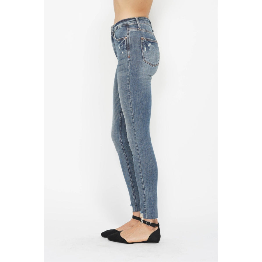 Judy Blue Full Size Tummy Control Vintage Wash Hem Destroy Skinny Jeans Apparel and Accessories