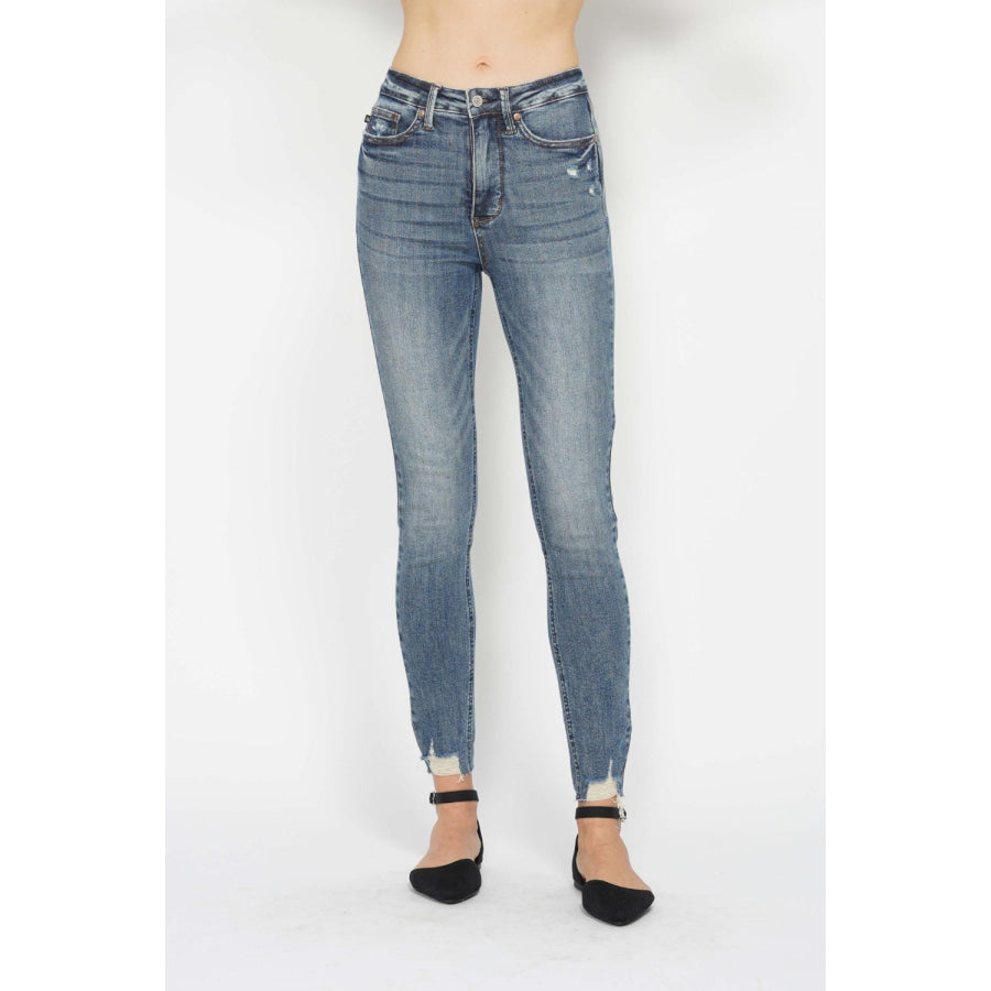 Judy Blue Full Size Tummy Control Vintage Wash Hem Destroy Skinny Jeans Medium / Apparel and Accessories