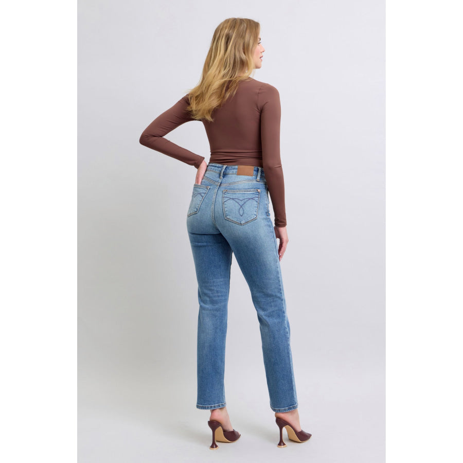 Judy Blue Full Size Wash Thermal Straight Jeans with Pockets Apparel and Accessories