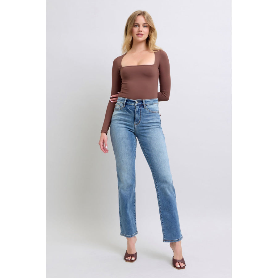 Judy Blue Full Size Wash Thermal Straight Jeans with Pockets Apparel and Accessories