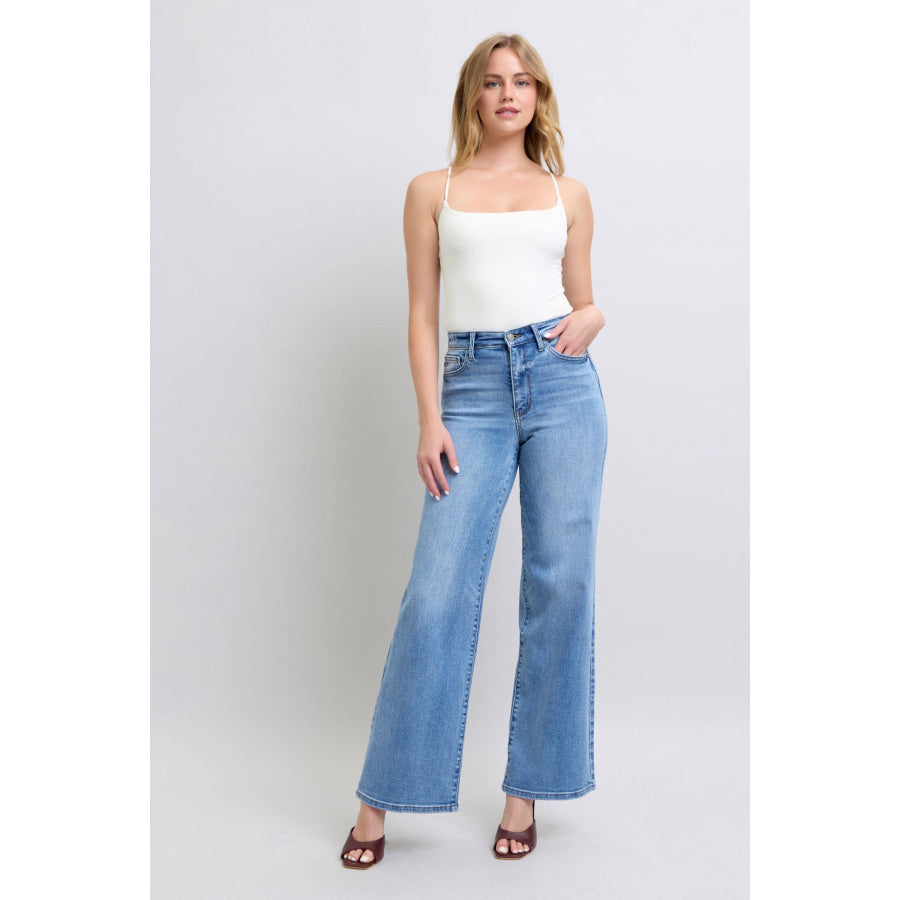 Judy Blue Full Size Wide Leg Jeans with Pockets Apparel and Accessories