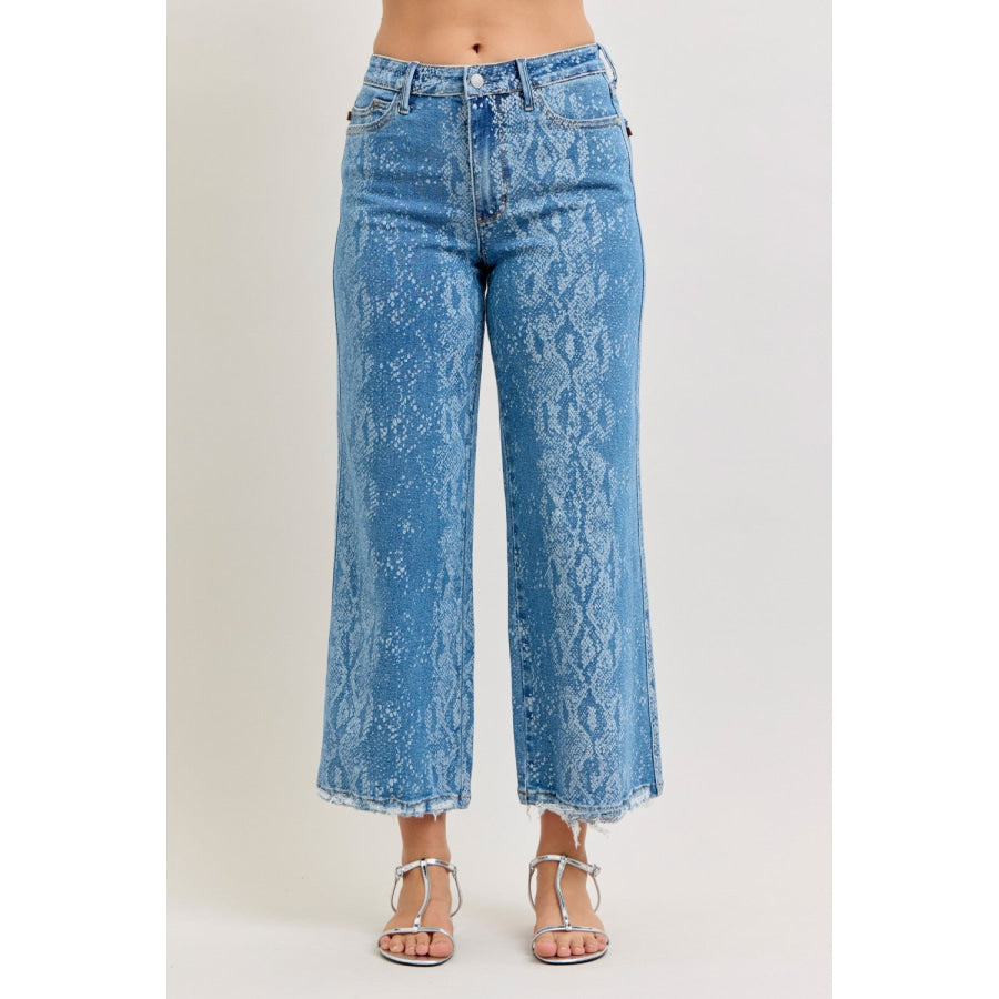 Judy Blue High Rise Ankle Wide Leg Jeans PRINT / 0(24) Apparel and Accessories