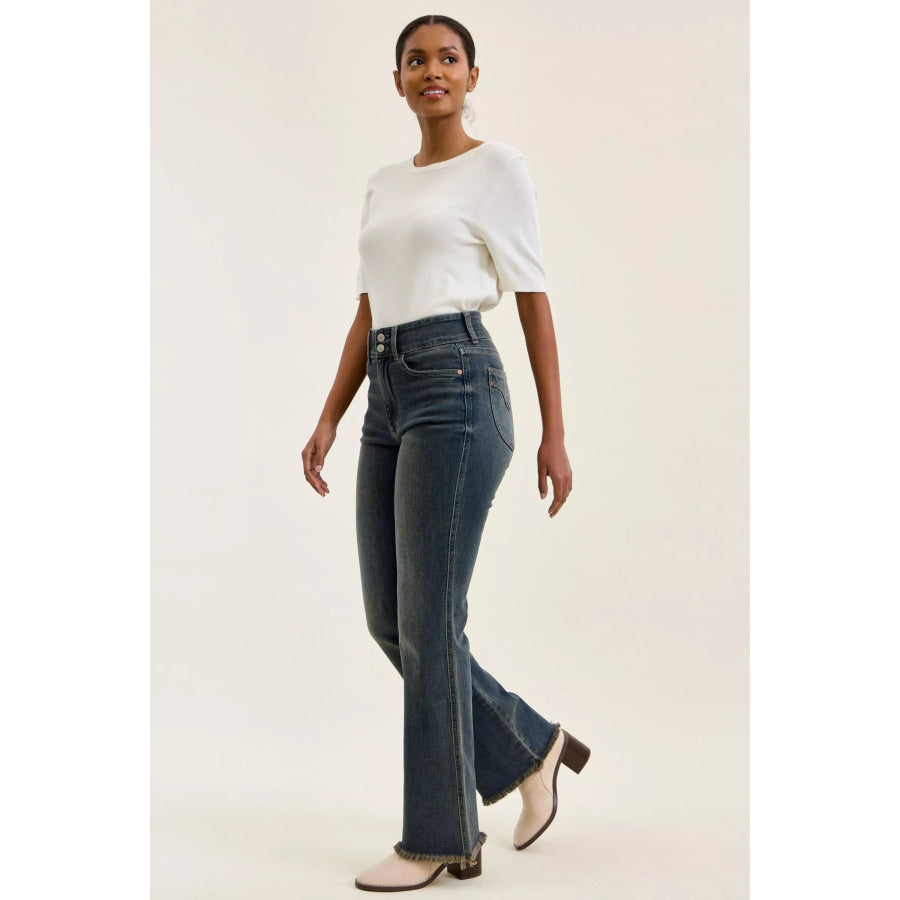 Judy Blue High Waist Double Button Frayed Hem Jeans Apparel and Accessories