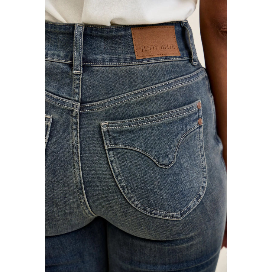 Judy Blue High Waist Double Button Frayed Hem Jeans Apparel and Accessories