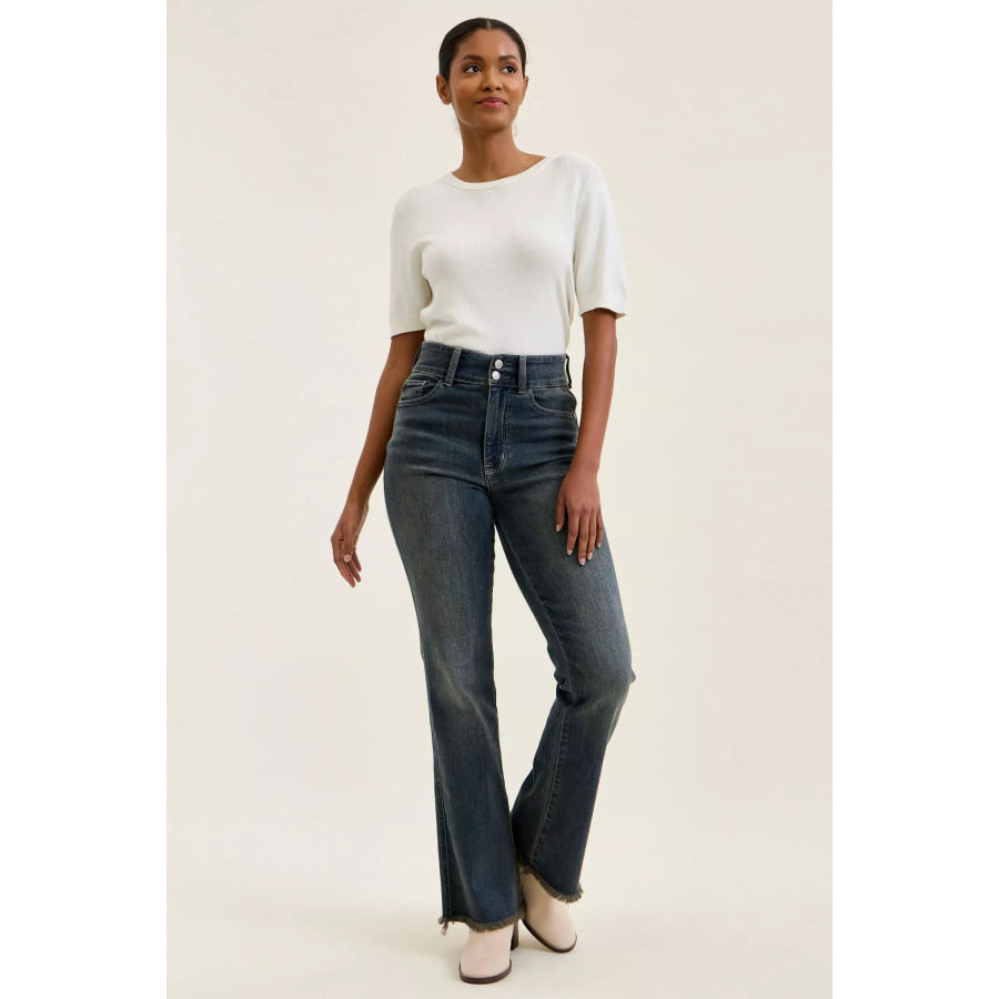 Judy Blue High Waist Double Button Frayed Hem Jeans Apparel and Accessories