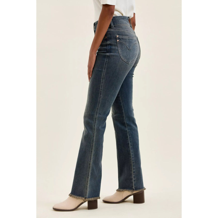 Judy Blue High Waist Double Button Frayed Hem Jeans Apparel and Accessories