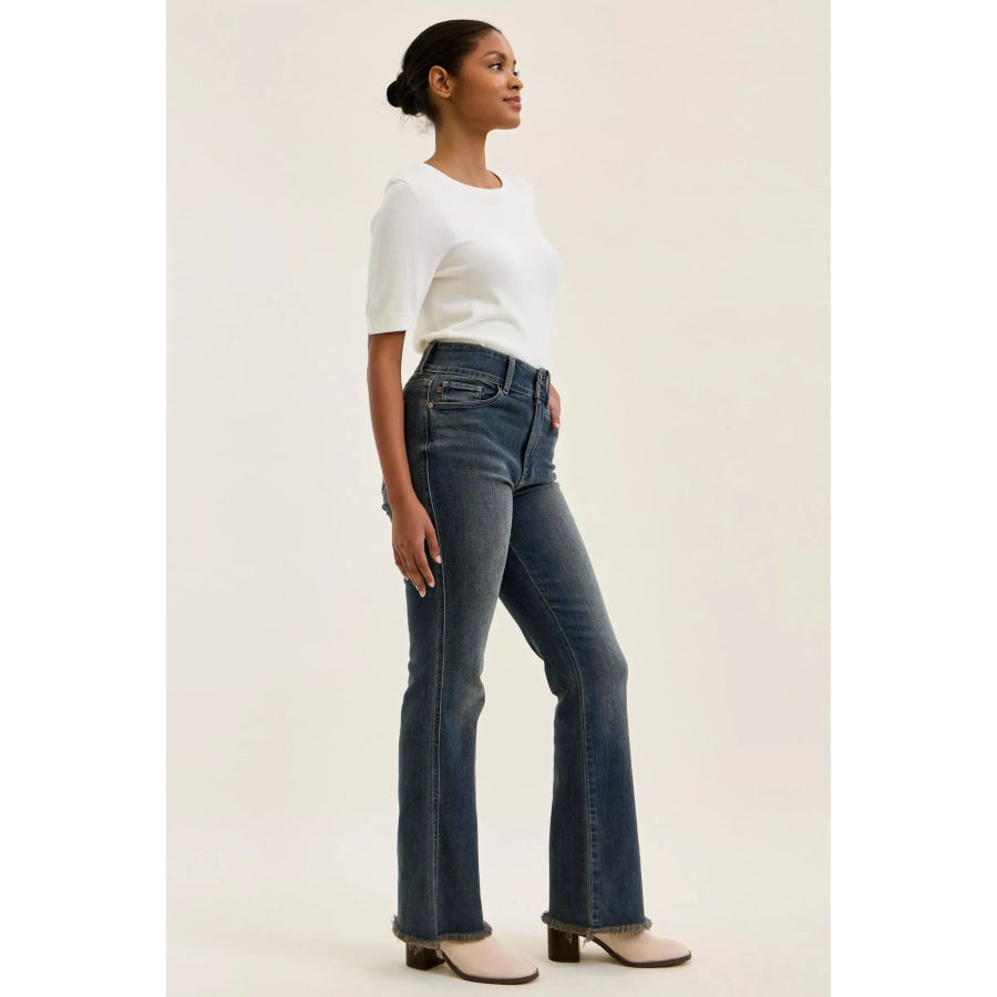 Judy Blue High Waist Double Button Frayed Hem Jeans Apparel and Accessories