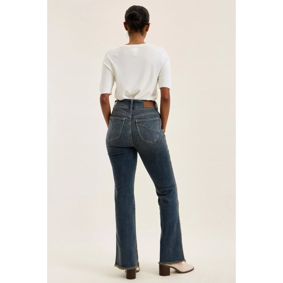 Judy Blue High Waist Double Button Frayed Hem Jeans Apparel and Accessories