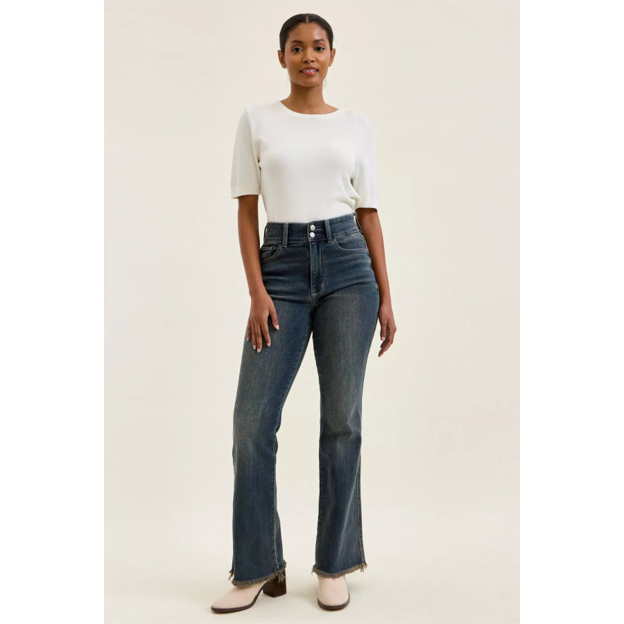 Judy Blue High Waist Double Button Frayed Hem Jeans Apparel and Accessories
