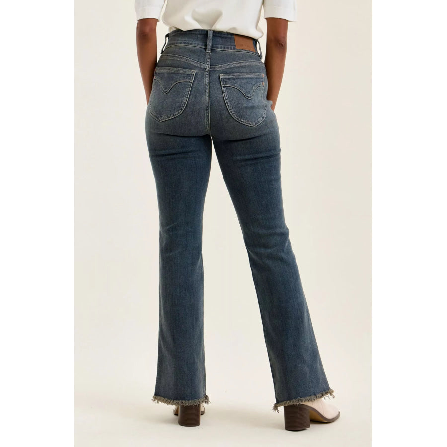 Judy Blue High Waist Double Button Frayed Hem Jeans Apparel and Accessories