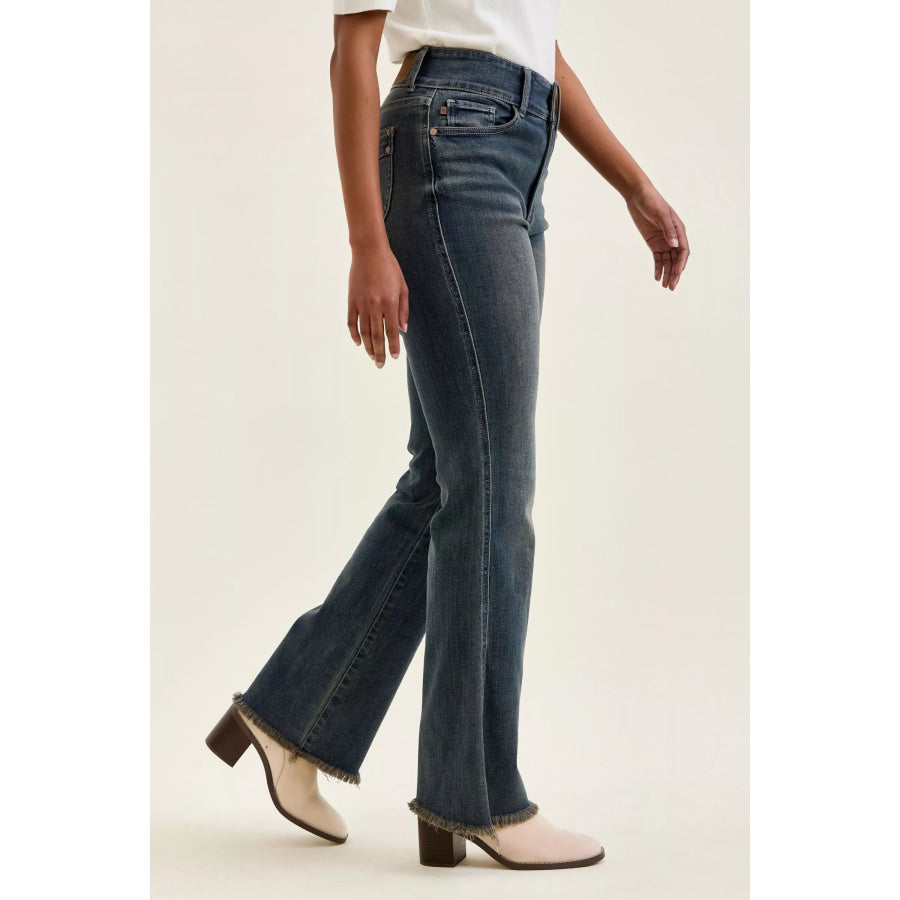 Judy Blue High Waist Double Button Frayed Hem Jeans Apparel and Accessories