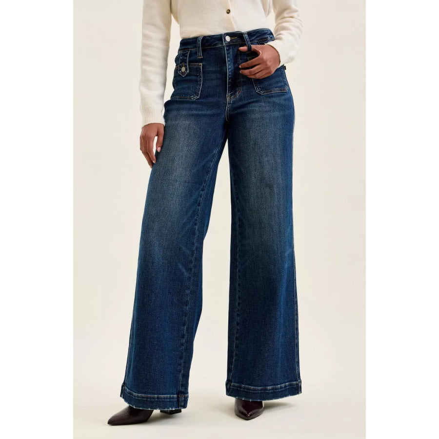 Judy Blue High Waist ’lux’ Retro Wide Jeans with Front Patch Tab Closure Dk Fade Indigo DK / 0(24) Apparel and Accessories