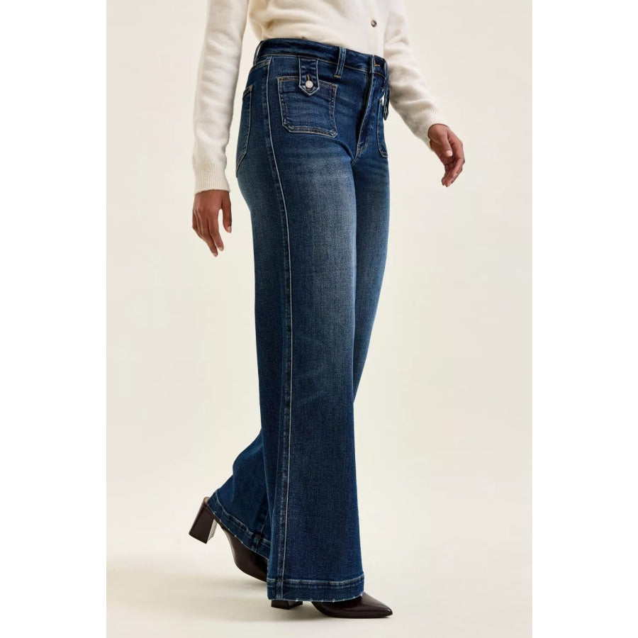 Judy Blue High Waist ’lux’ Retro Wide Jeans with Front Patch Tab Closure Dk Fade Indigo Apparel and Accessories