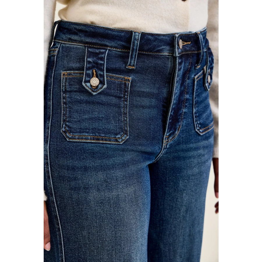 Judy Blue High Waist ’lux’ Retro Wide Jeans with Front Patch Tab Closure Dk Fade Indigo Apparel and Accessories