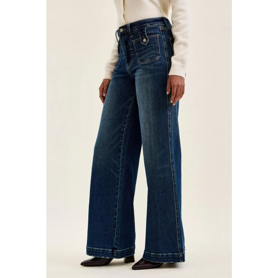 Judy Blue High Waist ’lux’ Retro Wide Jeans with Front Patch Tab Closure Dk Fade Indigo Apparel and Accessories