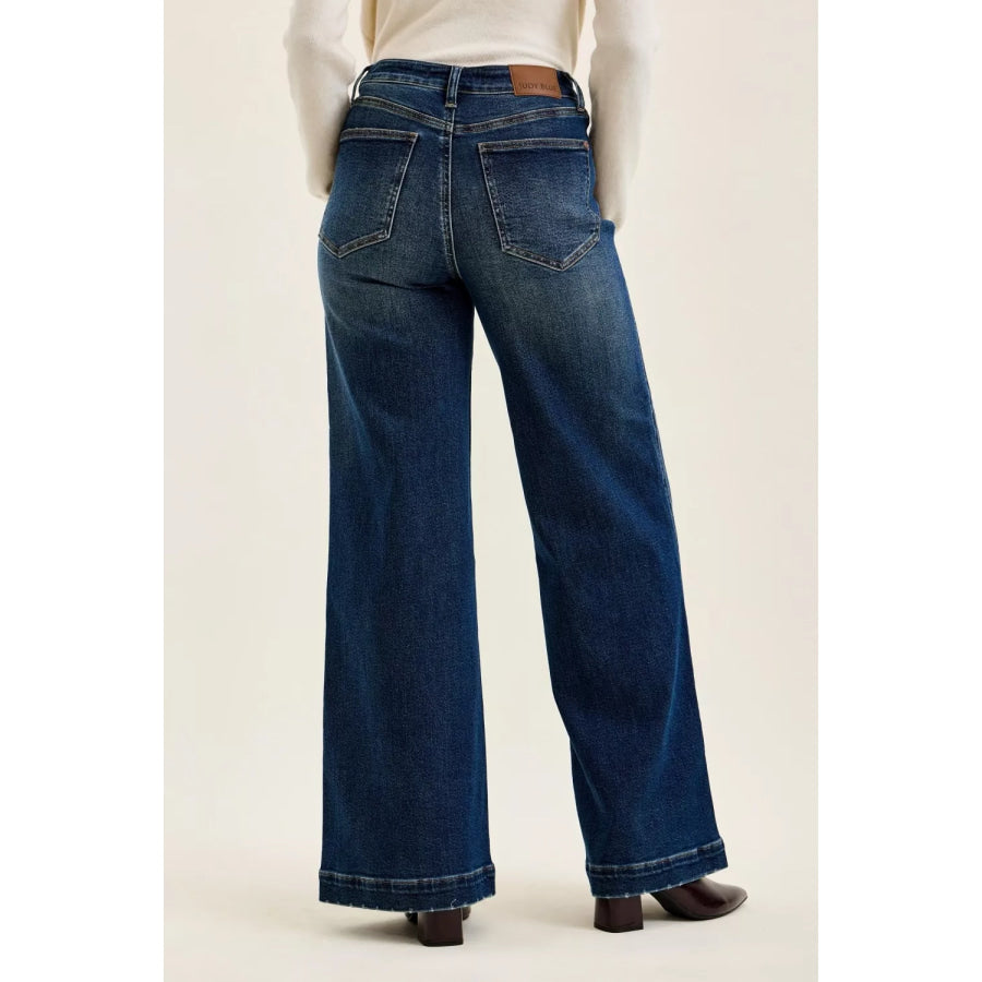 Judy Blue High Waist ’lux’ Retro Wide Jeans with Front Patch Tab Closure Dk Fade Indigo Apparel and Accessories