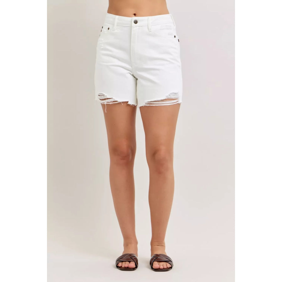 Judy Blue High Waist Rigid Magic Dad Short with Cell Phone Back Pocket WHT / S Apparel and Accessories