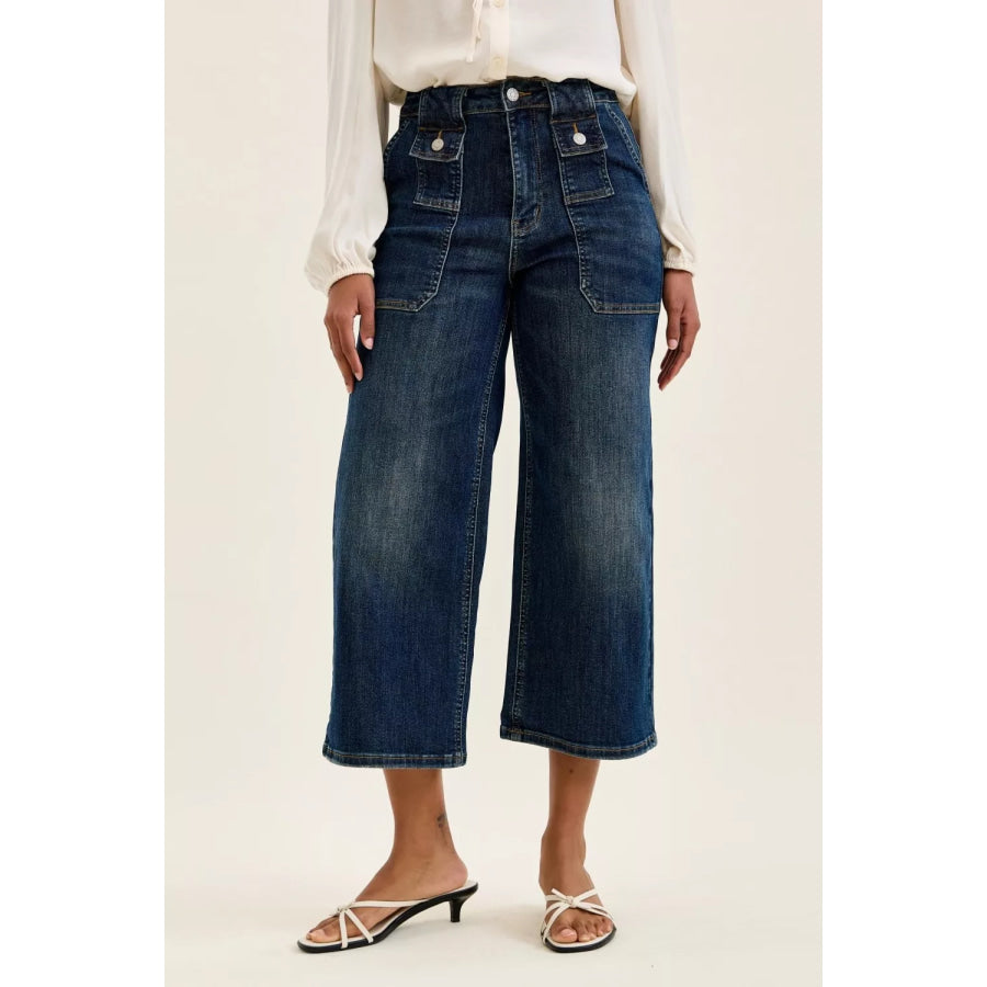 Judy Blue High Waist Wide Crop Utility Jeans with Patch Pocket DK / 0(24) Apparel and Accessories