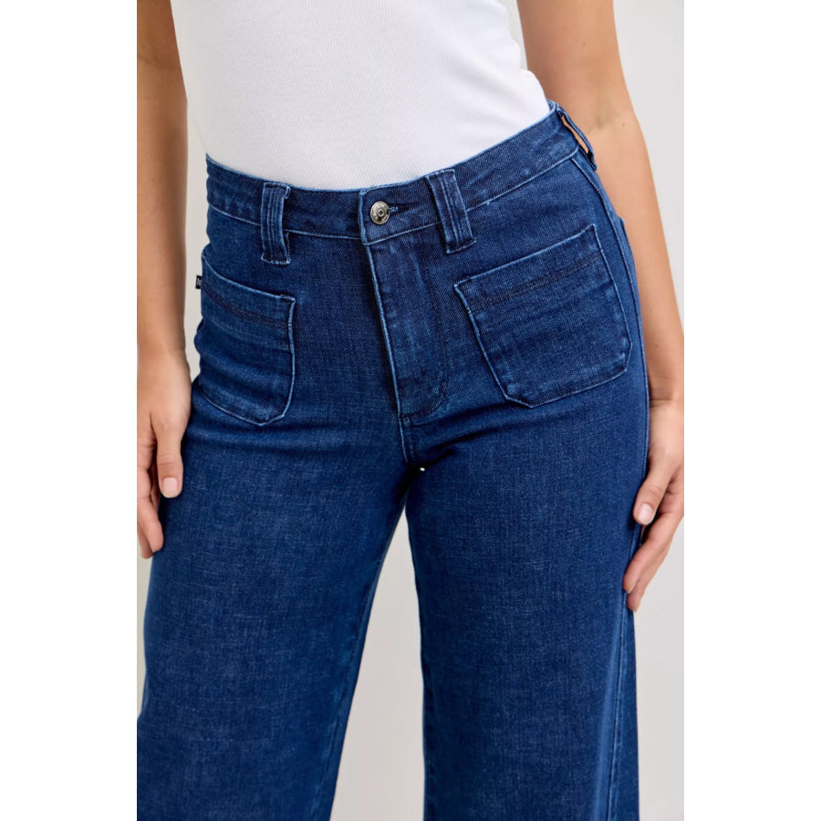 Judy Blue High-Waisted Retro Wide Jeans with Patch Pkts & Twisted Seams Apparel and Accessories