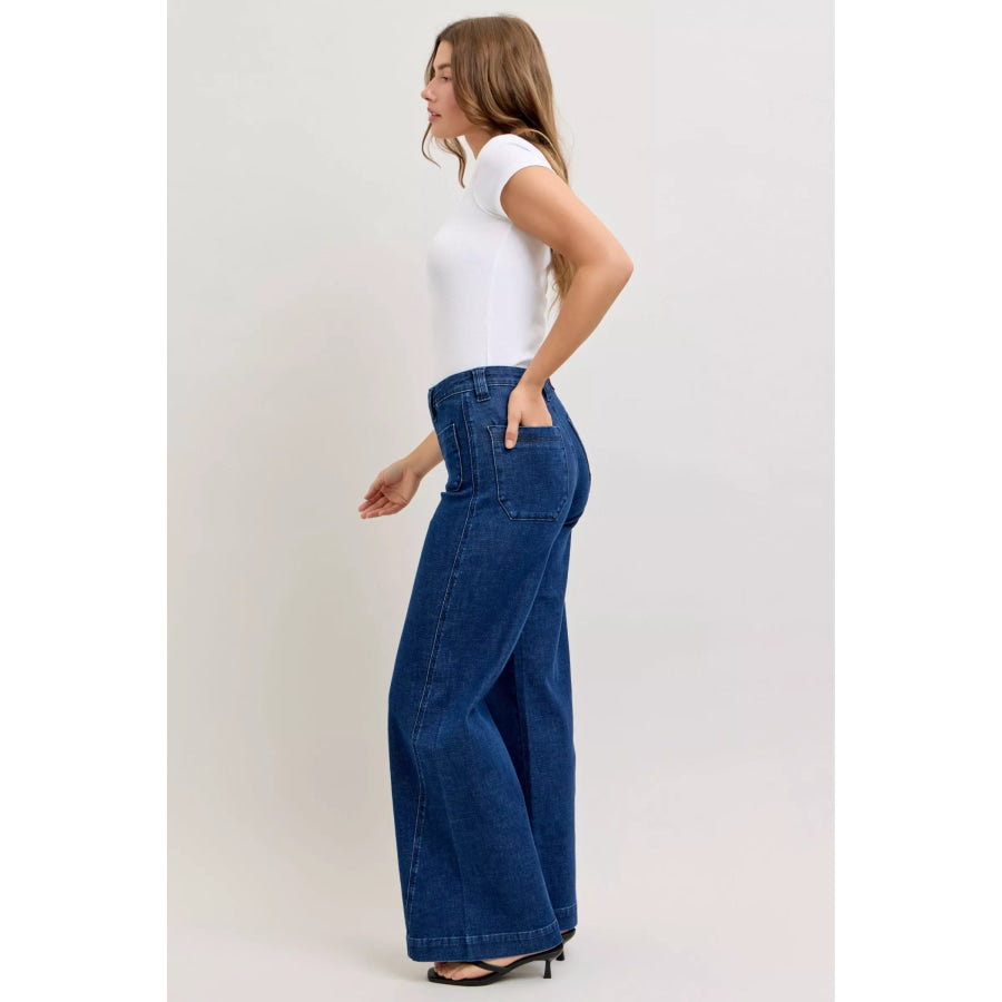 Judy Blue High-Waisted Retro Wide Jeans with Patch Pkts & Twisted Seams Apparel and Accessories