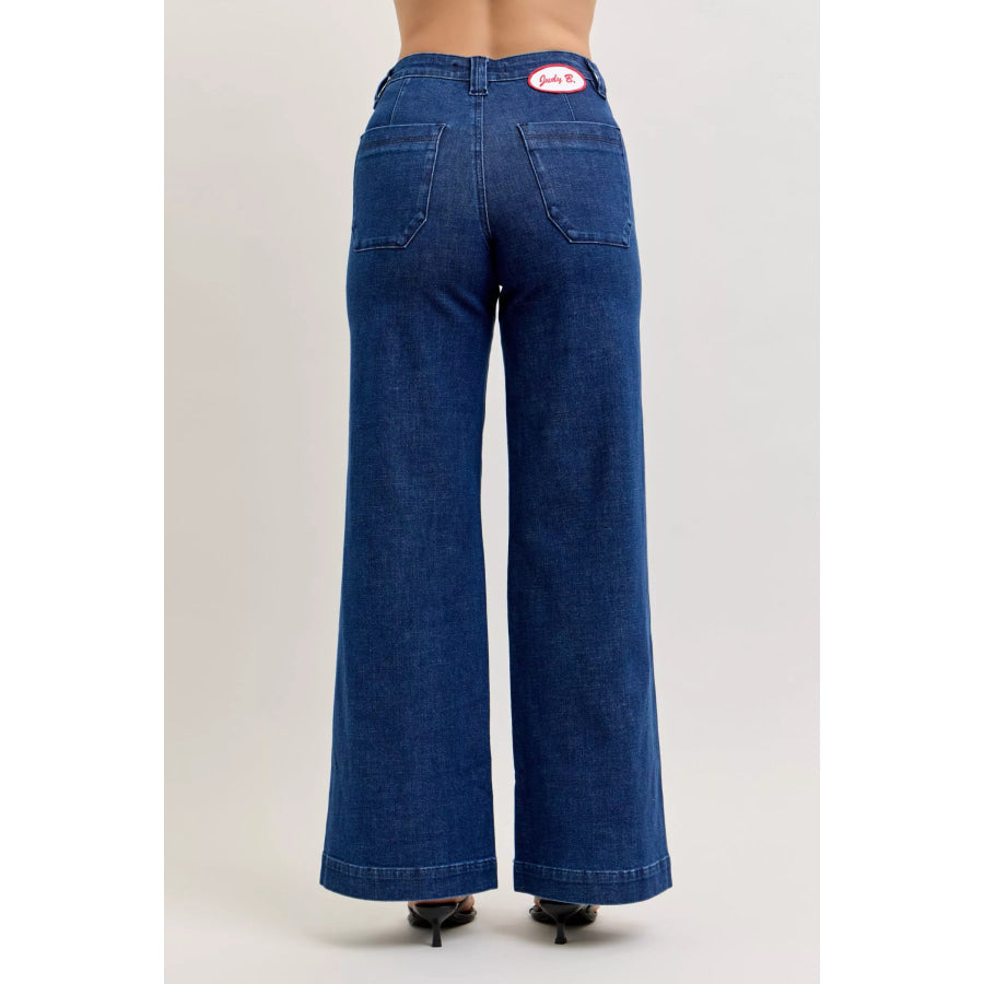 Judy Blue High-Waisted Retro Wide Jeans with Patch Pkts & Twisted Seams Apparel and Accessories