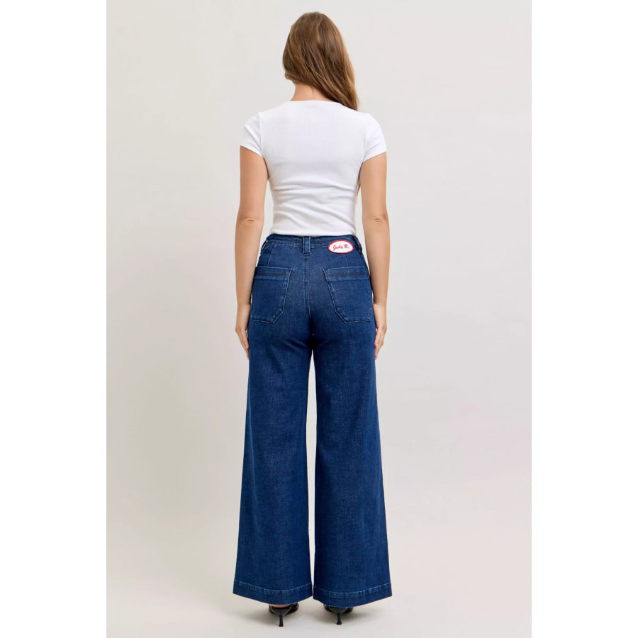 Judy Blue High-Waisted Retro Wide Jeans with Patch Pkts & Twisted Seams Apparel and Accessories