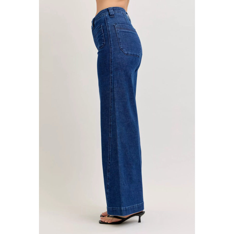 Judy Blue High-Waisted Retro Wide Jeans with Patch Pkts & Twisted Seams Apparel and Accessories