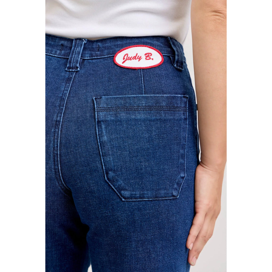 Judy Blue High-Waisted Retro Wide Jeans with Patch Pkts & Twisted Seams Apparel and Accessories