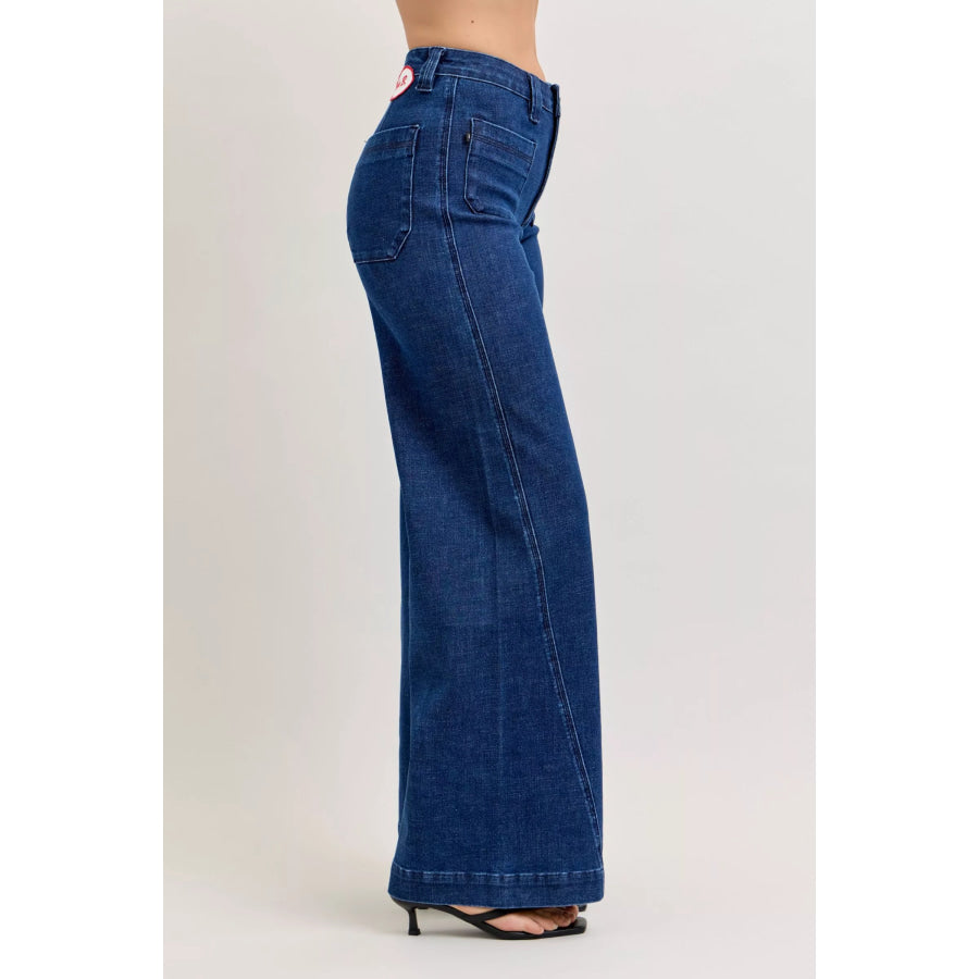 Judy Blue High-Waisted Retro Wide Jeans with Patch Pkts & Twisted Seams Apparel and Accessories