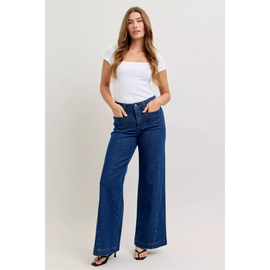 Judy Blue High-Waisted Retro Wide Jeans with Patch Pkts & Twisted Seams Apparel and Accessories