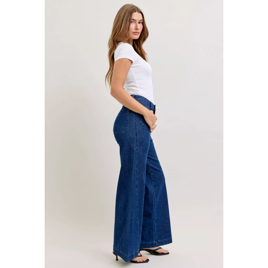 Judy Blue High-Waisted Retro Wide Jeans with Patch Pkts & Twisted Seams Apparel and Accessories