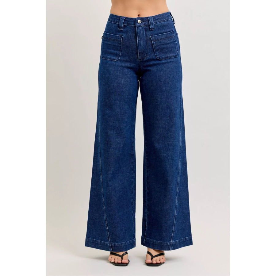 Judy Blue High-Waisted Retro Wide Jeans with Patch Pkts & Twisted Seams DK / 0(24) Apparel and Accessories