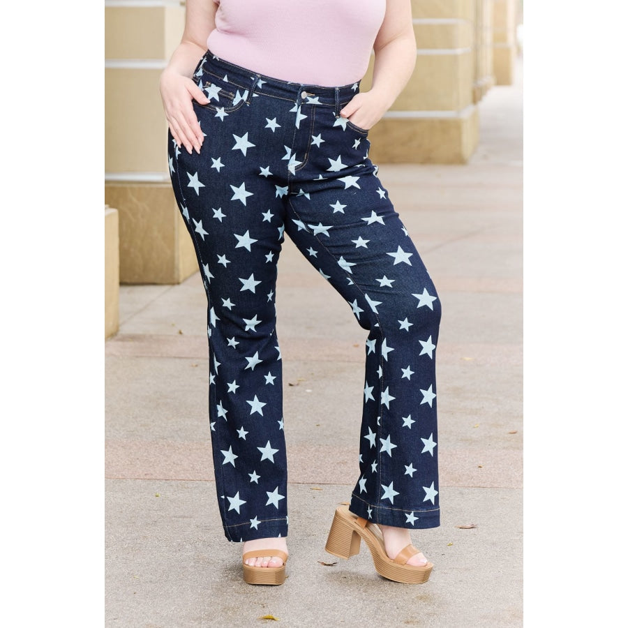 Judy Blue Janelle Full Size High Waist Star Print Flare Jeans Dark / 0(24)