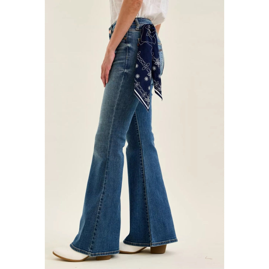 Judy Blue Mid Rise Jaqueline Flare with Triple Needle Back Pkts and Bandana Loop Apparel and Accessories
