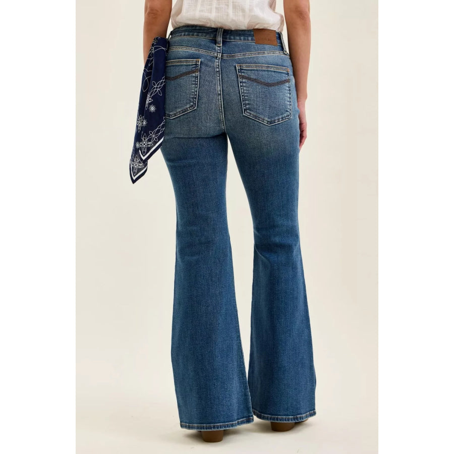 Judy Blue Mid Rise Jaqueline Flare with Triple Needle Back Pkts and Bandana Loop Apparel and Accessories