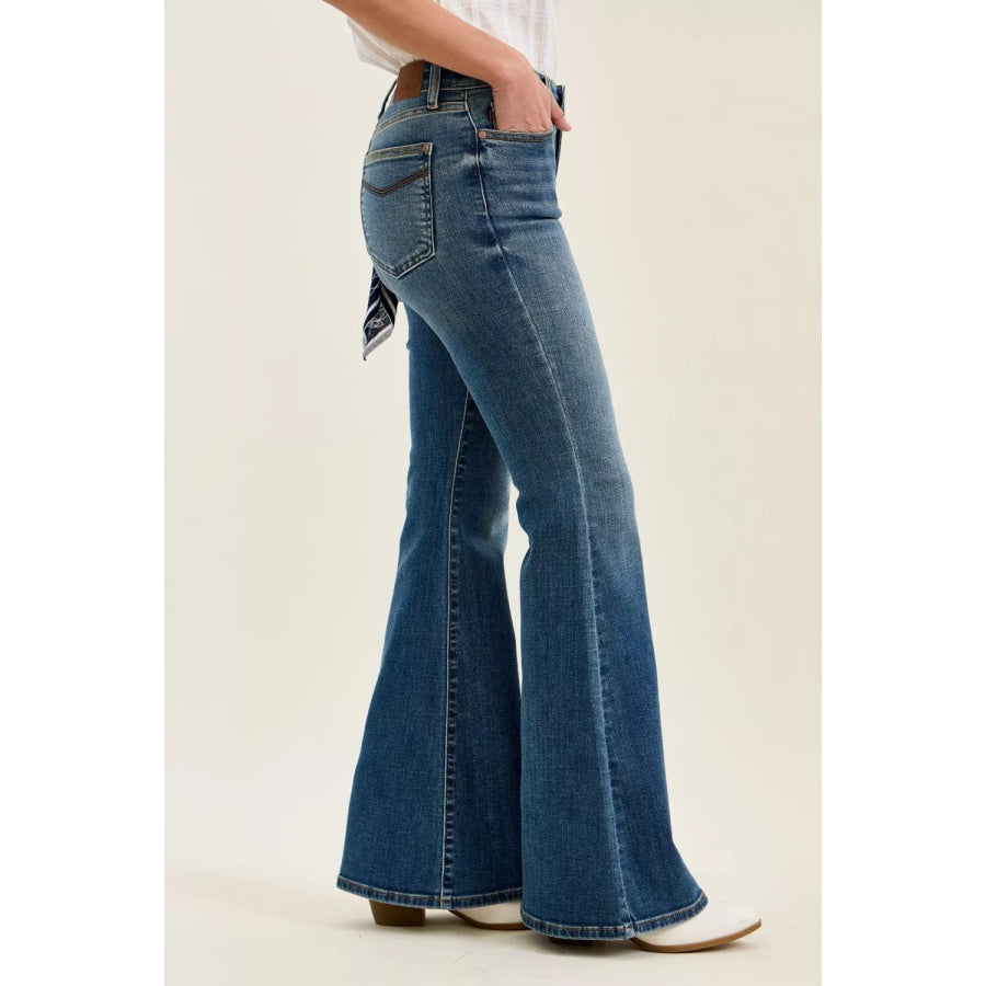 Judy Blue Mid Rise Jaqueline Flare with Triple Needle Back Pkts and Bandana Loop Apparel and Accessories