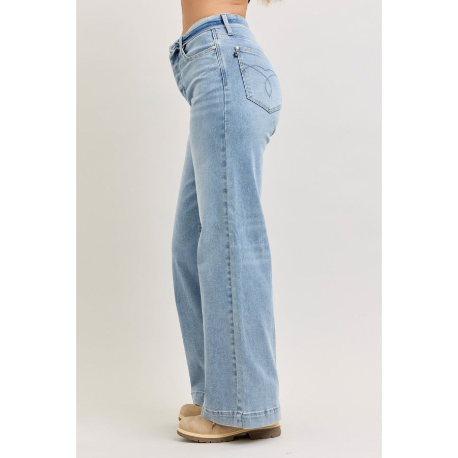 Judy Blue Mid Rise Retro Wide Leg Jeans with Fold-over Waistband Apparel and Accessories
