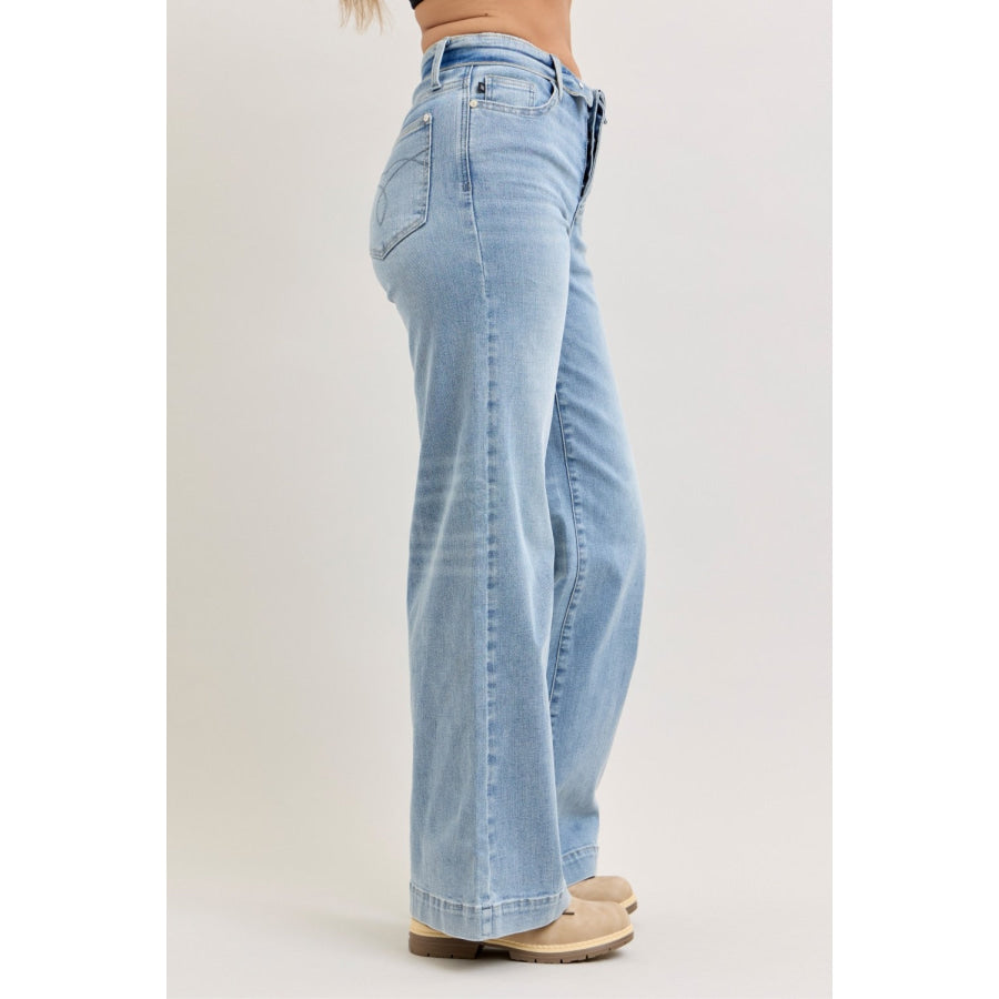 Judy Blue Mid Rise Retro Wide Leg Jeans with Fold-over Waistband Apparel and Accessories