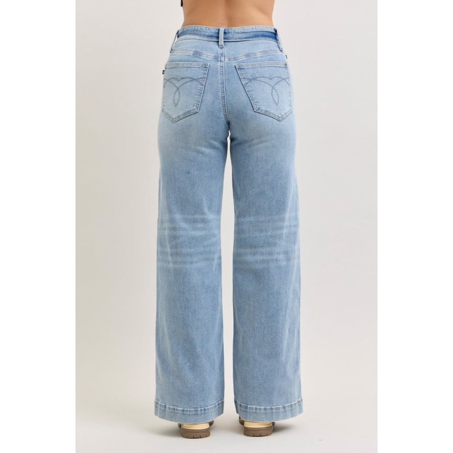 Judy Blue Mid Rise Retro Wide Leg Jeans with Fold-over Waistband Apparel and Accessories