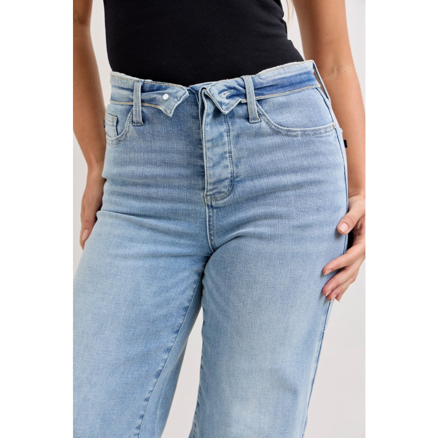 Judy Blue Mid Rise Retro Wide Leg Jeans with Fold-over Waistband Apparel and Accessories