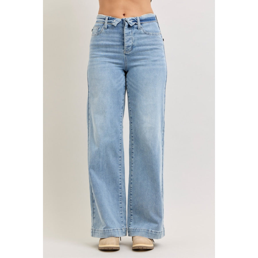 Judy Blue Mid Rise Retro Wide Leg Jeans with Fold-over Waistband LT / 0(24) Apparel and Accessories