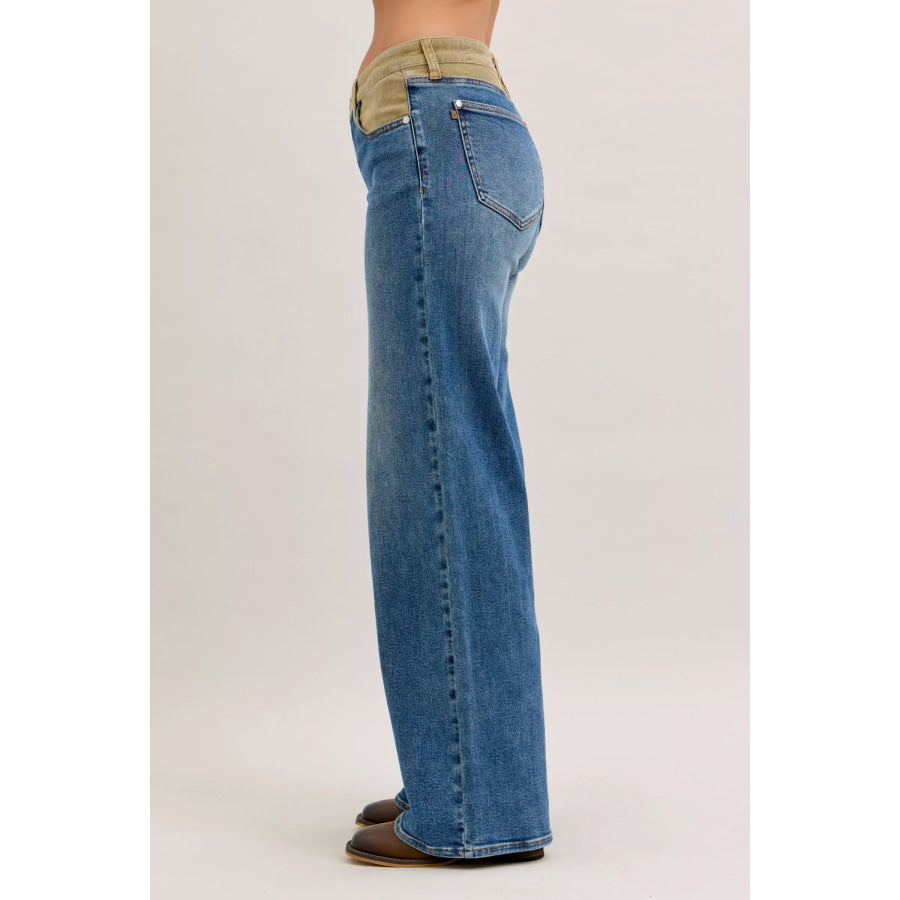 Judy Blue MR Column Straight Jeans with Corduroy Waist Apparel and Accessories