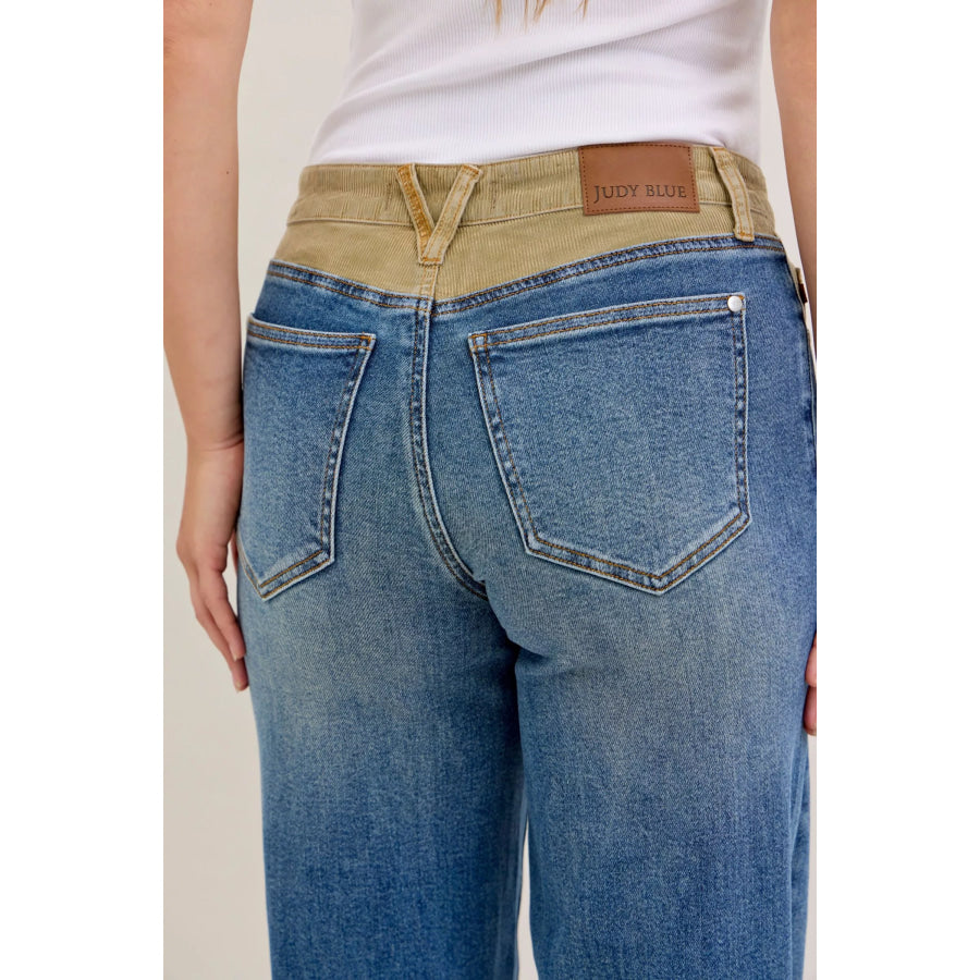 Judy Blue MR Column Straight Jeans with Corduroy Waist Apparel and Accessories