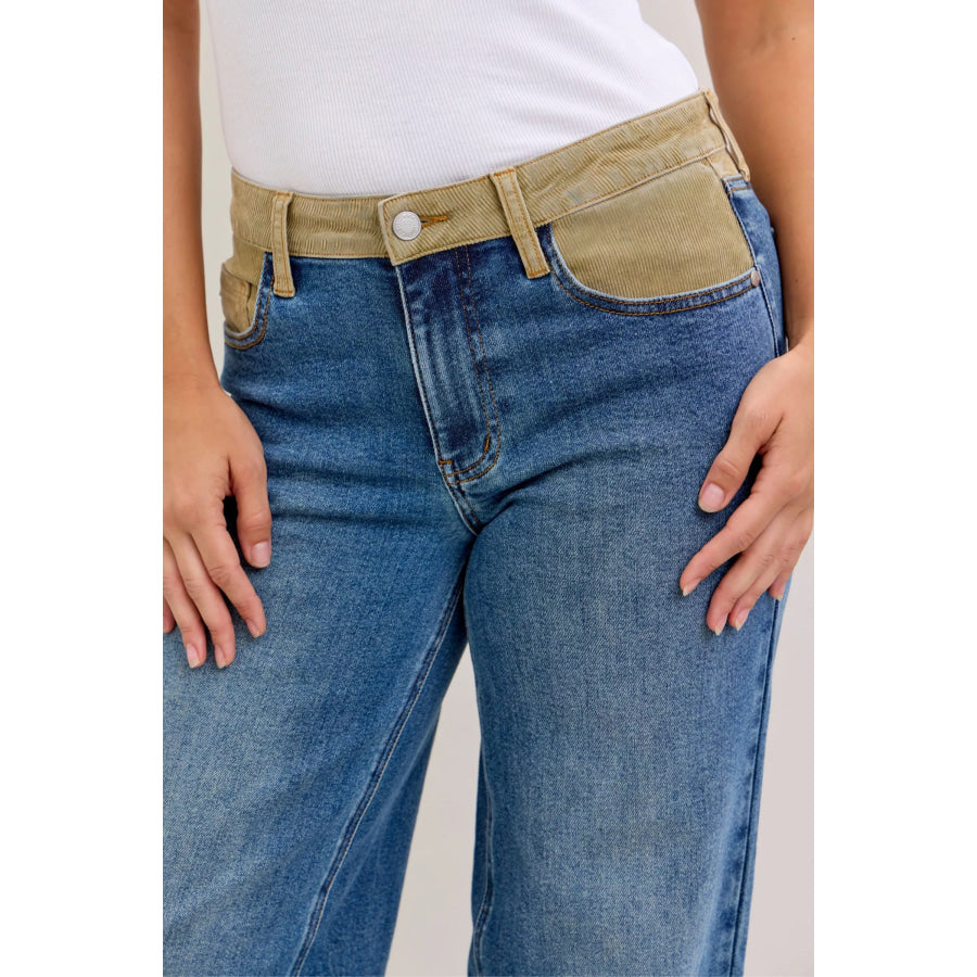 Judy Blue MR Column Straight Jeans with Corduroy Waist Apparel and Accessories