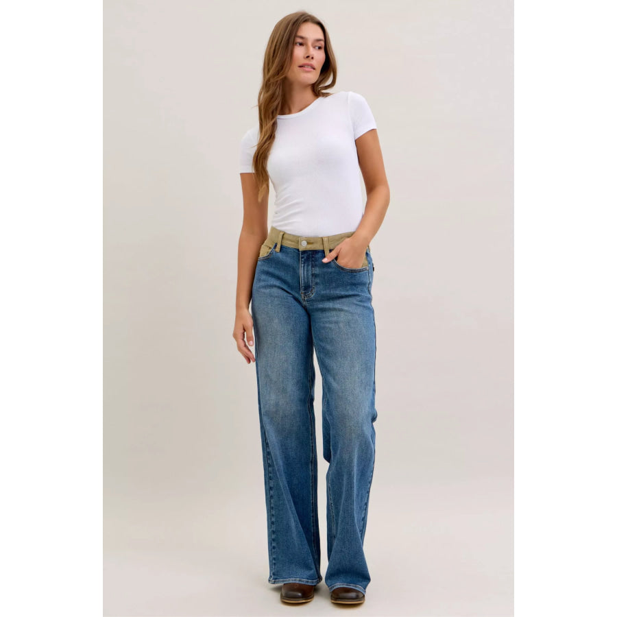 Judy Blue MR Column Straight Jeans with Corduroy Waist Apparel and Accessories