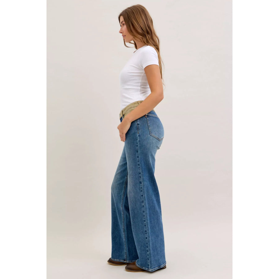 Judy Blue MR Column Straight Jeans with Corduroy Waist Apparel and Accessories