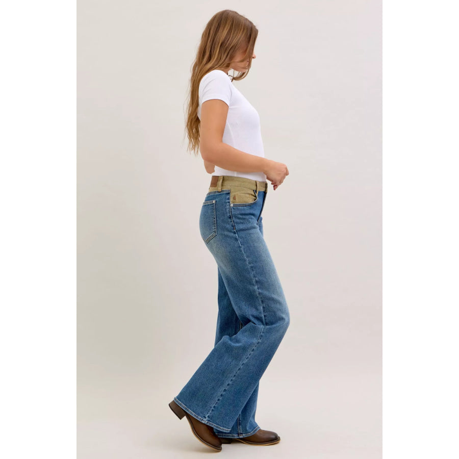 Judy Blue MR Column Straight Jeans with Corduroy Waist Apparel and Accessories