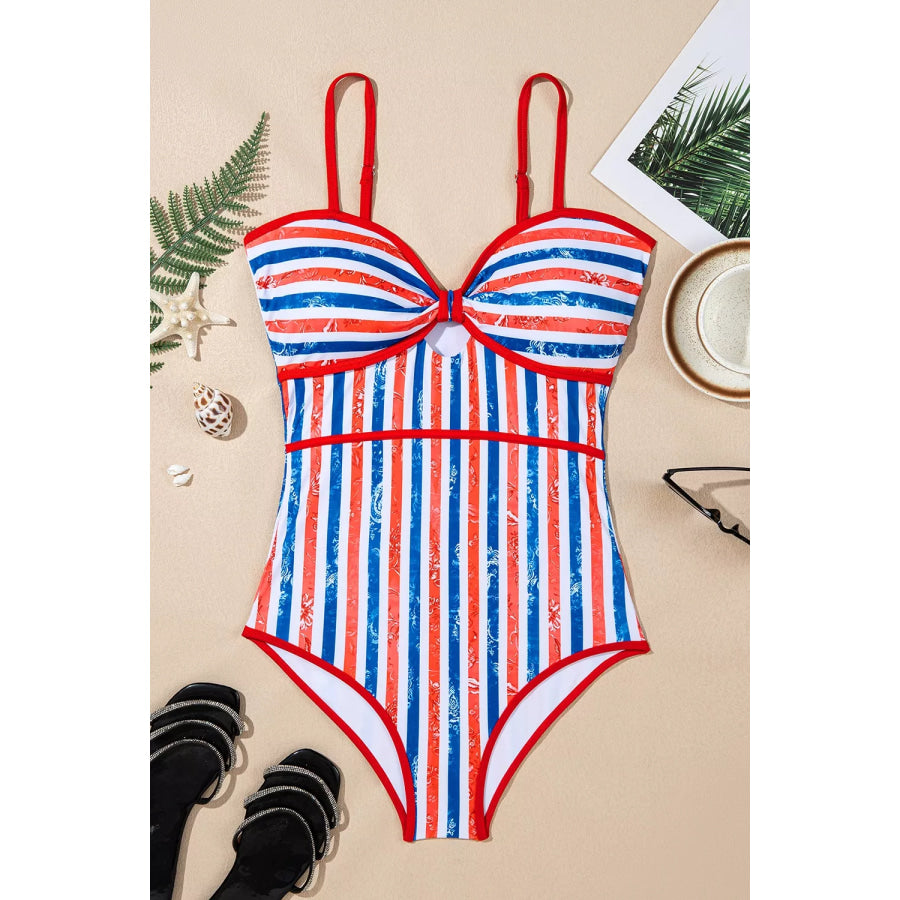 July 4th Stripes Impression Cutout Spaghetti Straps One Piece Swimsuit Apparel and Accessories