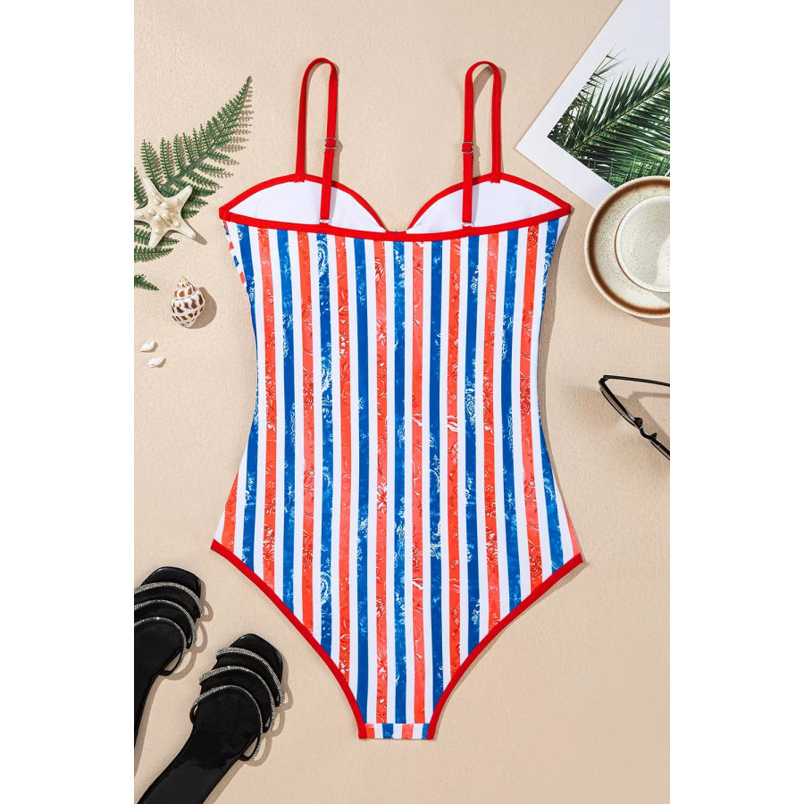 July 4th Stripes Impression Cutout Spaghetti Straps One Piece Swimsuit Apparel and Accessories